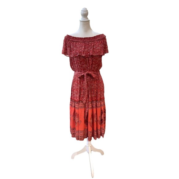 Nostalgia Red Orange Paisley Off Shoulder Dress Boho Ruffle Belted Midi L NWT - Picture 2 of 13